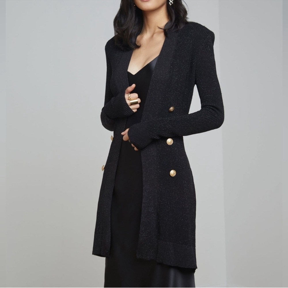 L'agence Noe Double-Breasted Cardigan Sweater Black Metallic Gold buttons Small